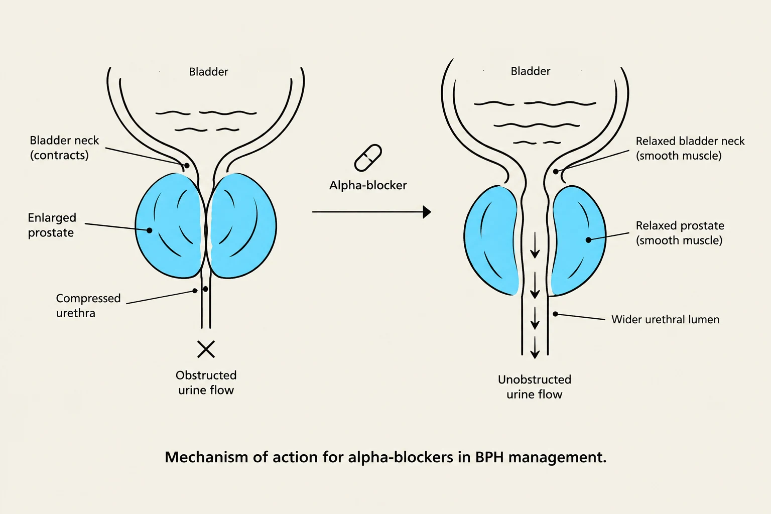 Diagram illustrating the mechanism of action for alpha-blockers in managing Benign Prostatic Hyperplasia (BPH). It shows how an enlarged prostate obstructs urine flow and how alpha-blockers relax the bladder neck and prostate, widening the urethral lumen for unobstructed flow.