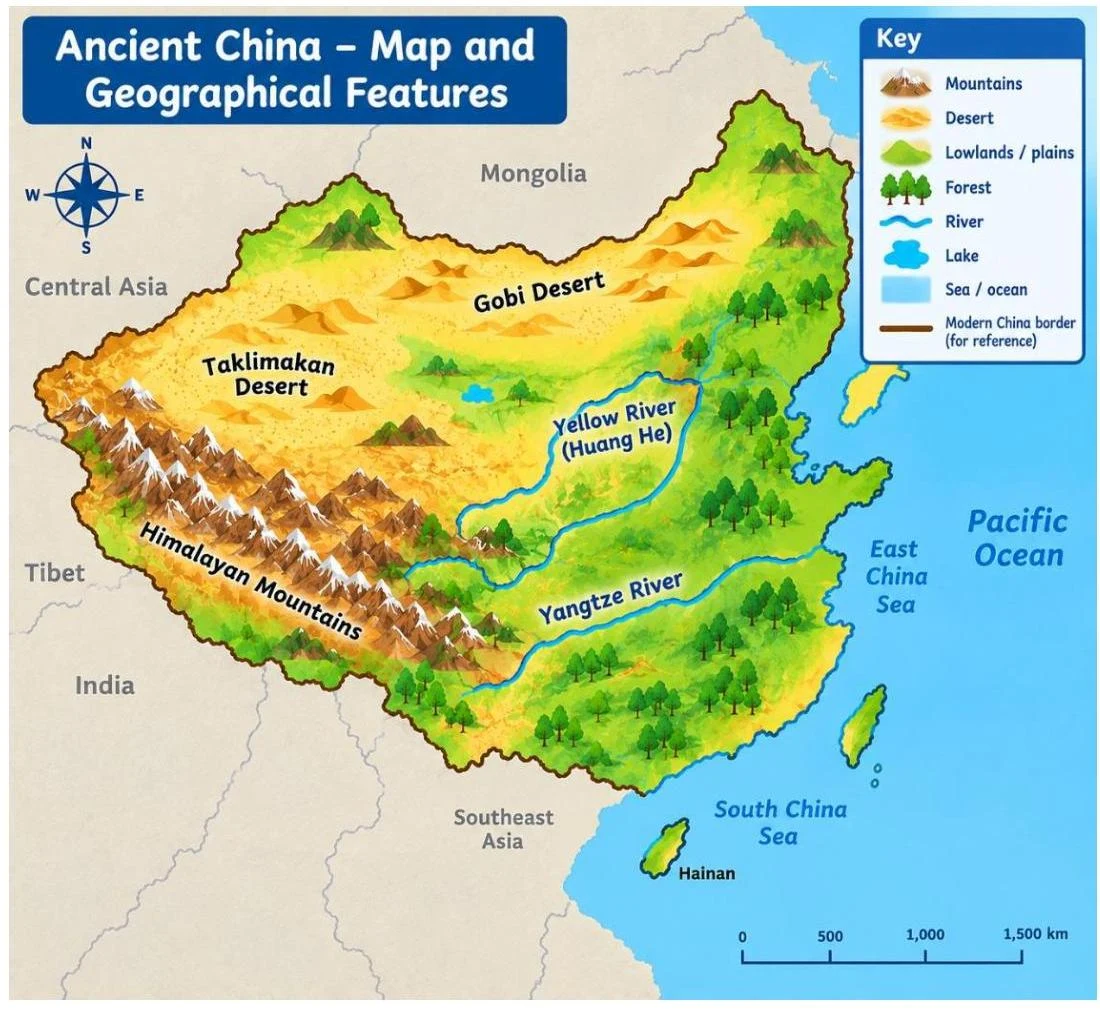 Map of Ancient China showing geographical features including mountains, deserts, rivers, and surrounding bodies of water.