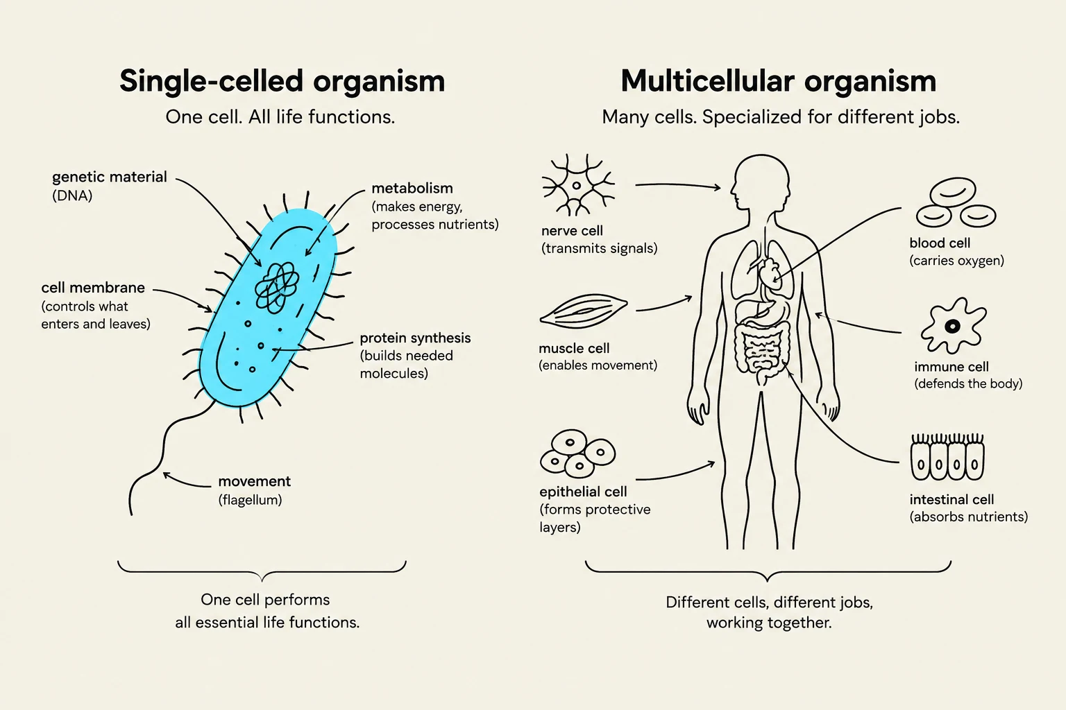 This illustration compares single-celled and multicellular organisms, highlighting the specialized functions of different cell types within a multicellular organism.