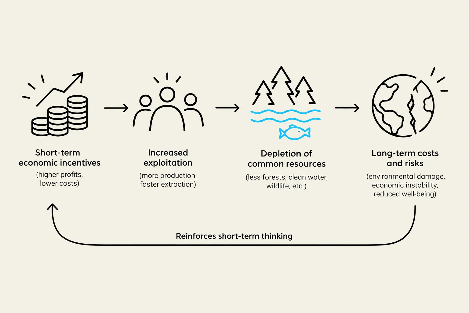 This diagram illustrates the cycle of short-term economic incentives leading to increased exploitation of common resources, resulting in long-term costs and risks, which in turn reinforces short-term thinking.