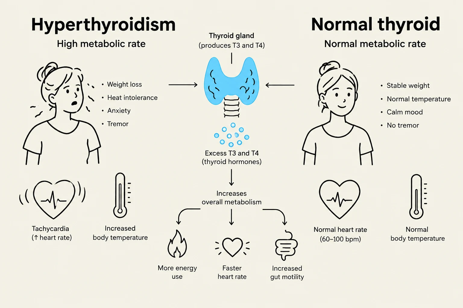 This diagram illustrates the differences between hyperthyroidism and a normal thyroid, detailing symptoms and effects on metabolic rate and bodily functions.