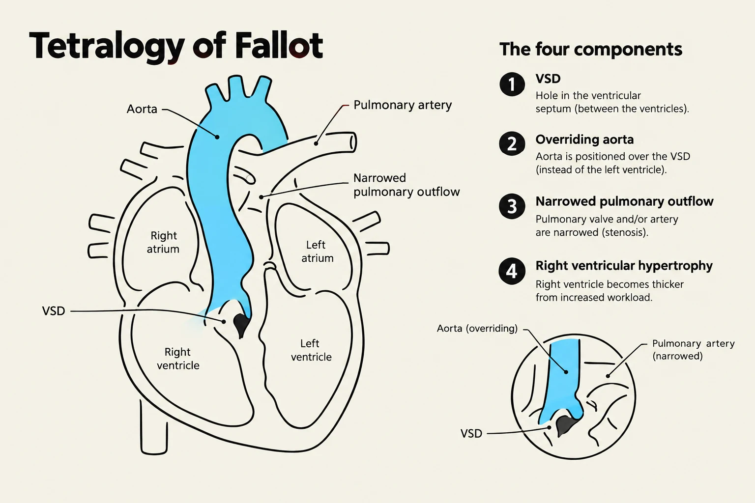 Diagram illustrating the four components of Tetralogy of Fallot: Ventricular Septal Defect (VSD), Overriding aorta, Narrowed pulmonary outflow, and Right ventricular hypertrophy.
