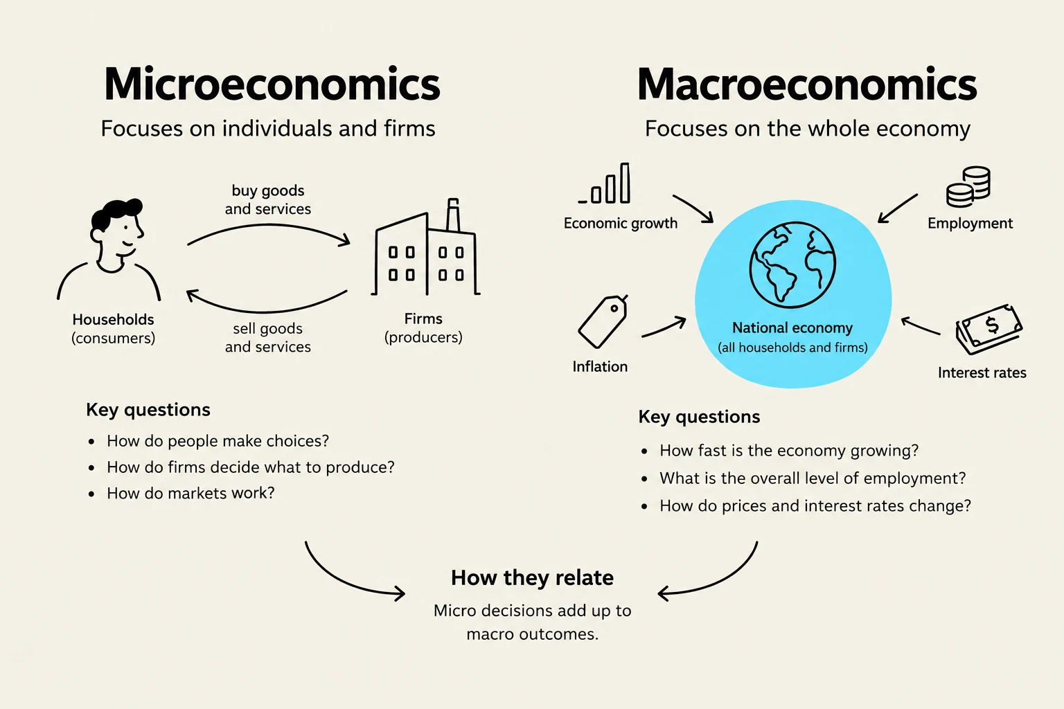 This illustration contrasts microeconomics, focusing on individual households and firms, with macroeconomics, which examines the entire national economy, including factors like economic growth, employment, inflation, and interest rates. It highlights how microeconomic decisions contribute to macroeconomic outcomes.