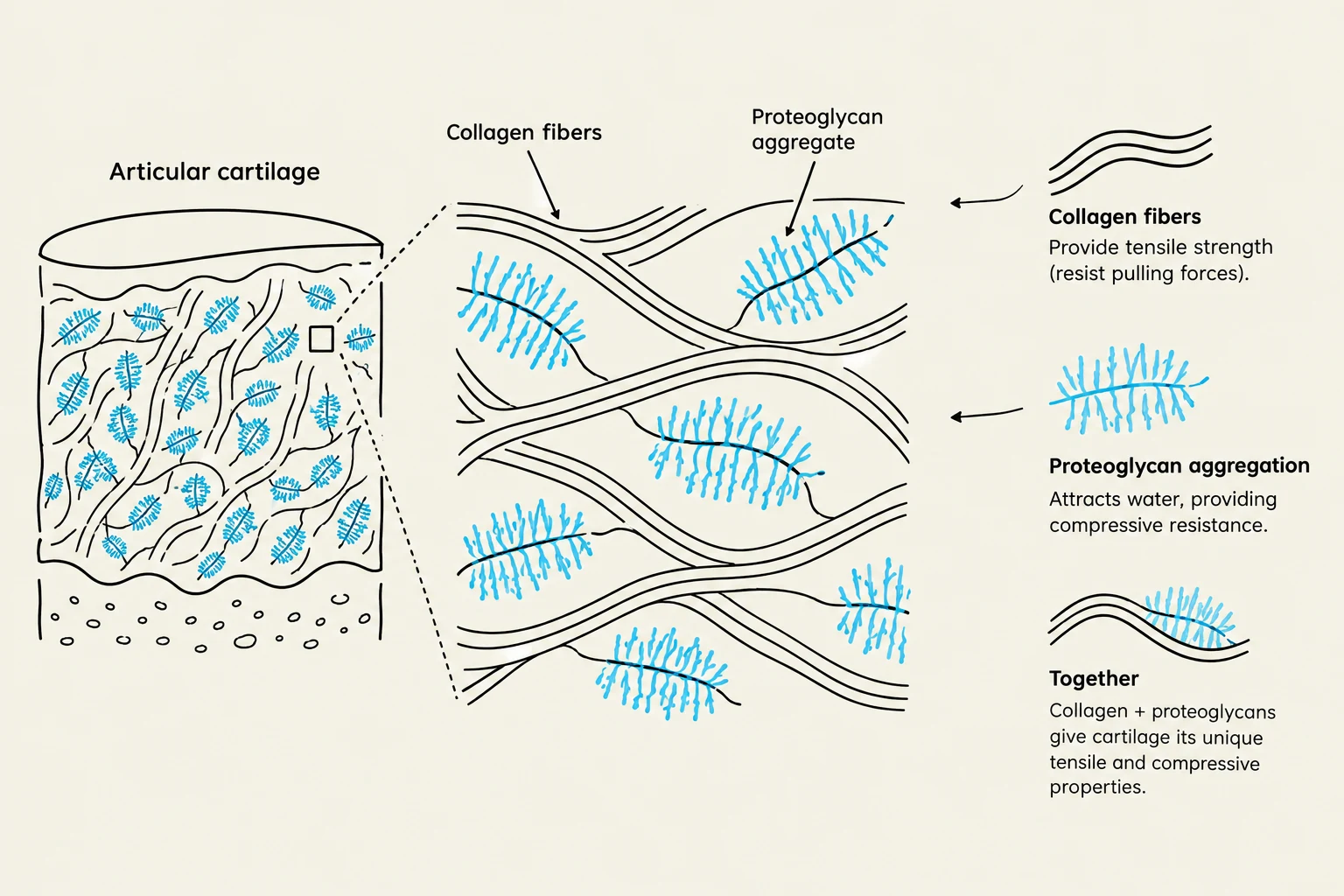 This illustration shows the structure of articular cartilage, highlighting the roles of collagen fibers and proteoglycan aggregates in providing tensile strength and compressive resistance, respectively. Together, these components give cartilage its unique mechanical properties.