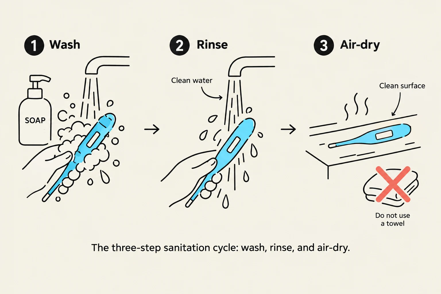 The three-step sanitation cycle: wash, rinse, and air-dry.