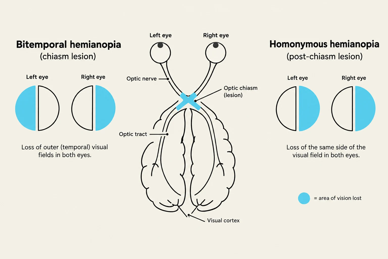 Diagram illustrating bitemporal hemianopia due to a chiasm lesion and homonymous hemianopia due to a post-chiasm lesion, showing the affected visual fields and the corresponding neurological pathways.