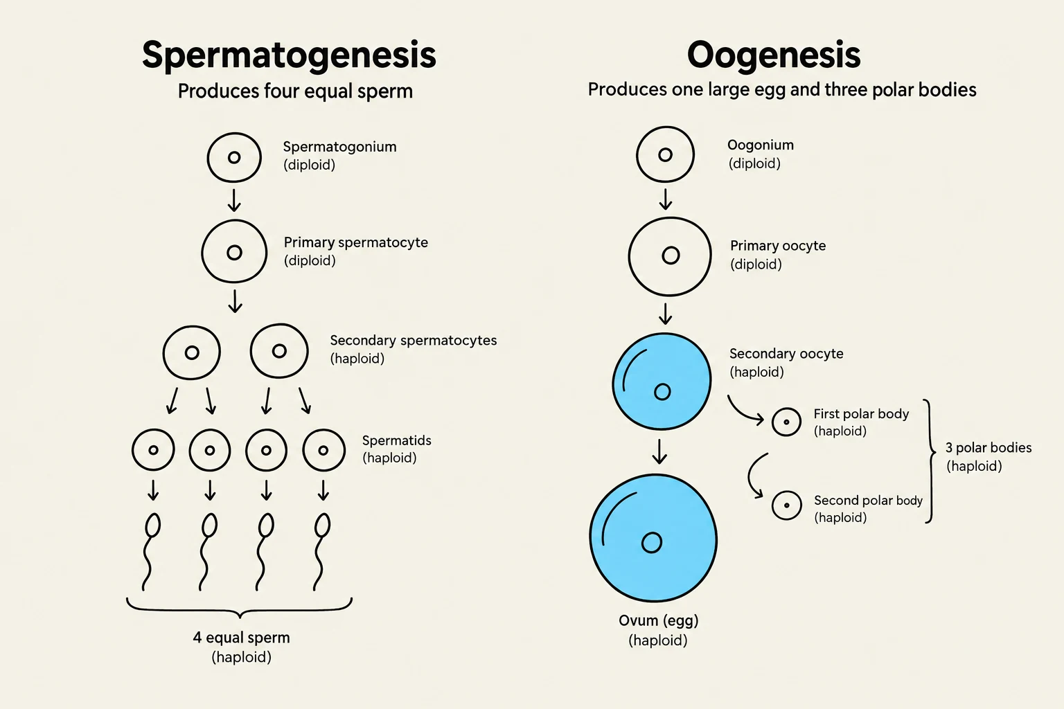 Diagram illustrating the processes of spermatogenesis and oogenesis, showing the formation of sperm and egg cells, respectively.