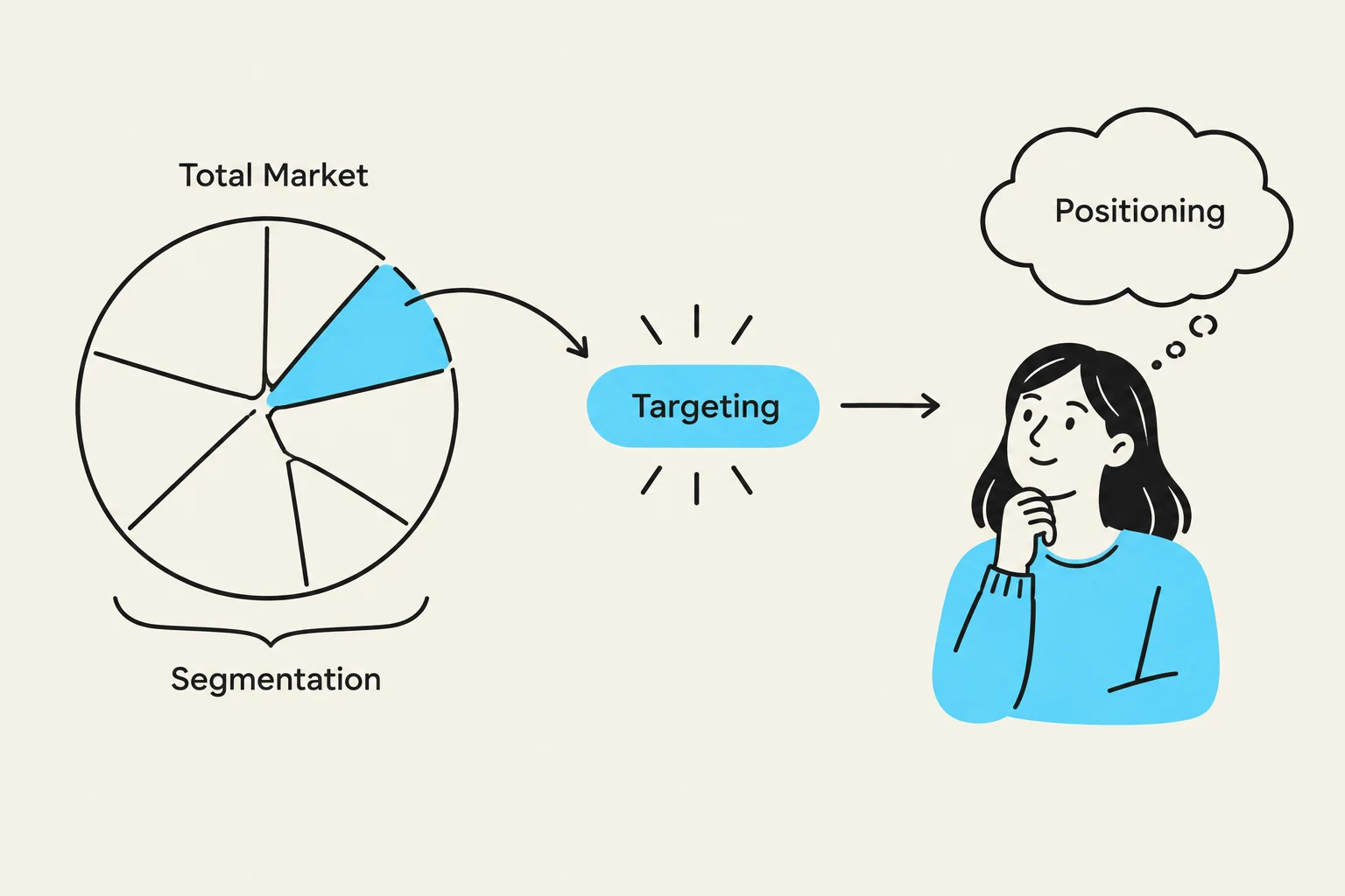 This diagram illustrates the marketing process of segmentation, targeting, and positioning. It shows how a total market is segmented, a specific segment is targeted, and then positioned.