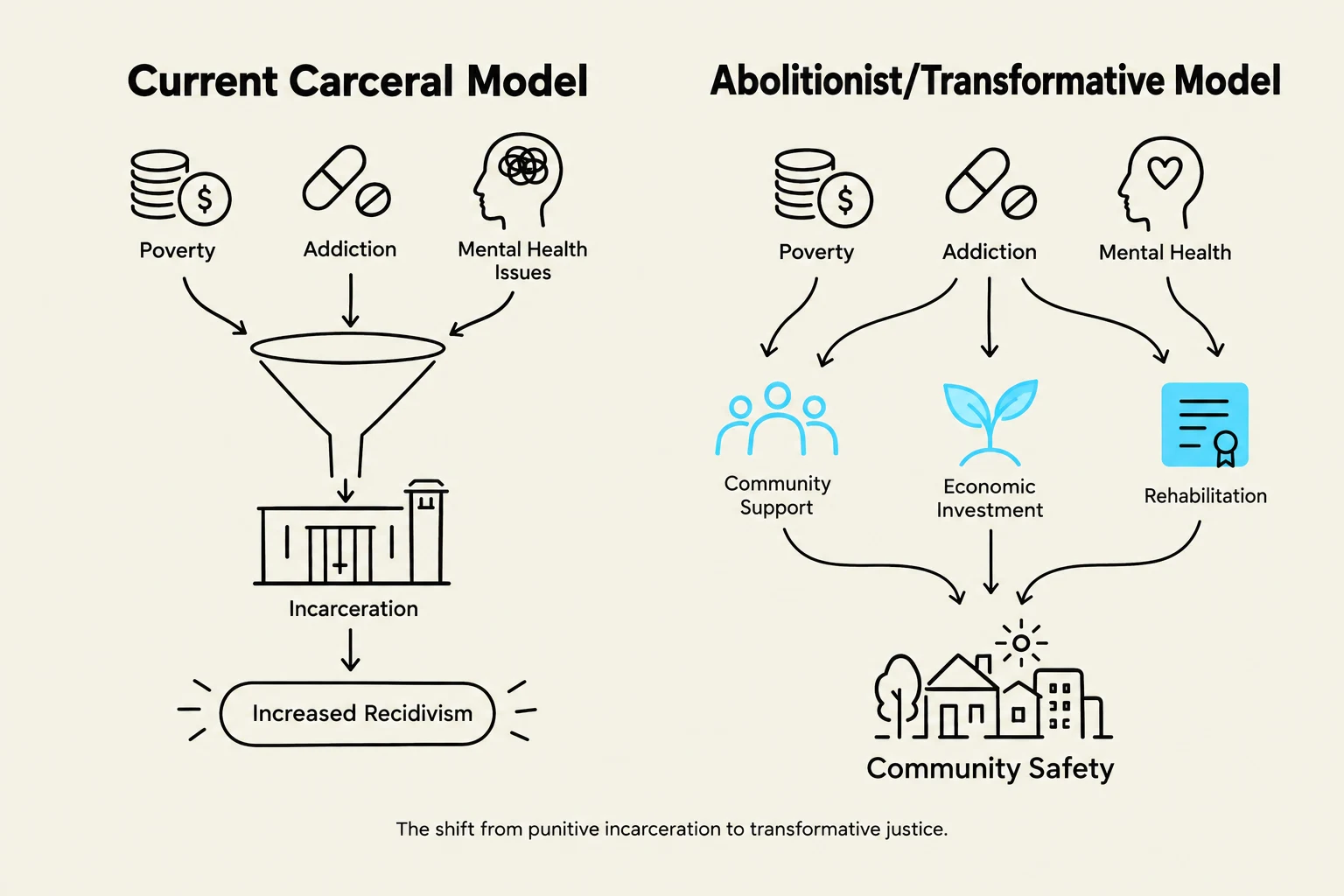 This diagram contrasts the current carceral model, where poverty, addiction, and mental health issues lead to incarceration and increased recidivism, with the abolitionist/transformative model, which emphasizes community support, economic investment, and rehabilitation to achieve community safety.