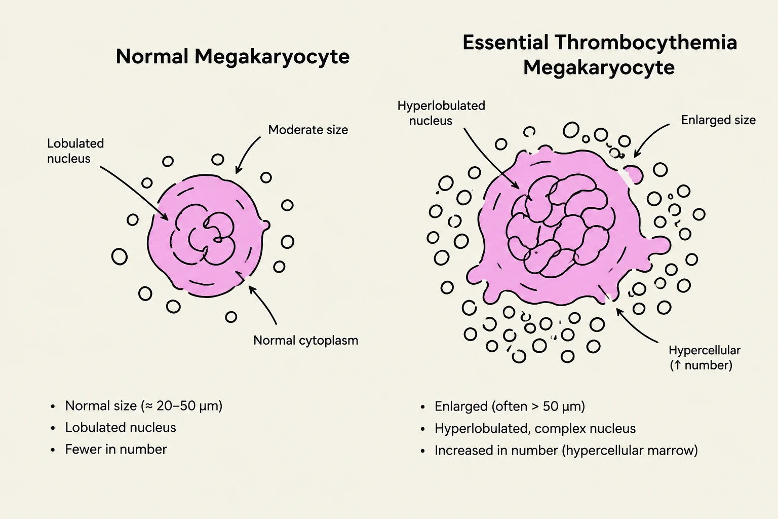 Comparison of a normal megakaryocyte with one affected by essential thrombocythemia, highlighting differences in size, nucleus, and cellularity.