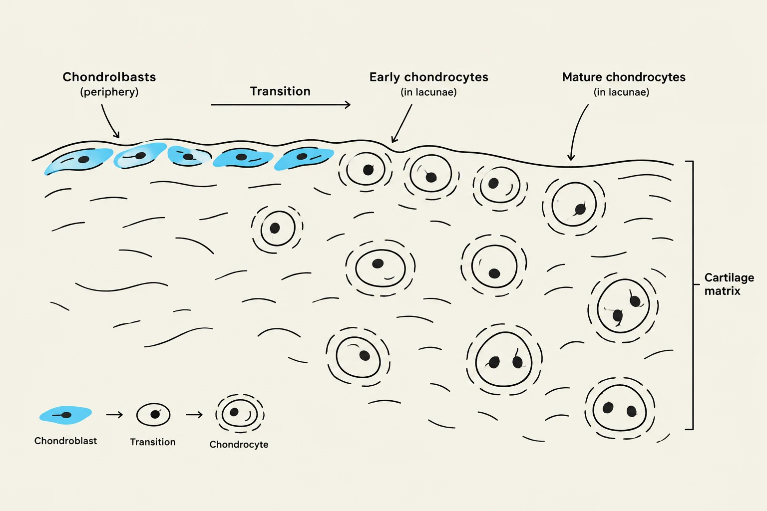 Diagram illustrating the transition of chondroblasts to chondrocytes within the cartilage matrix.