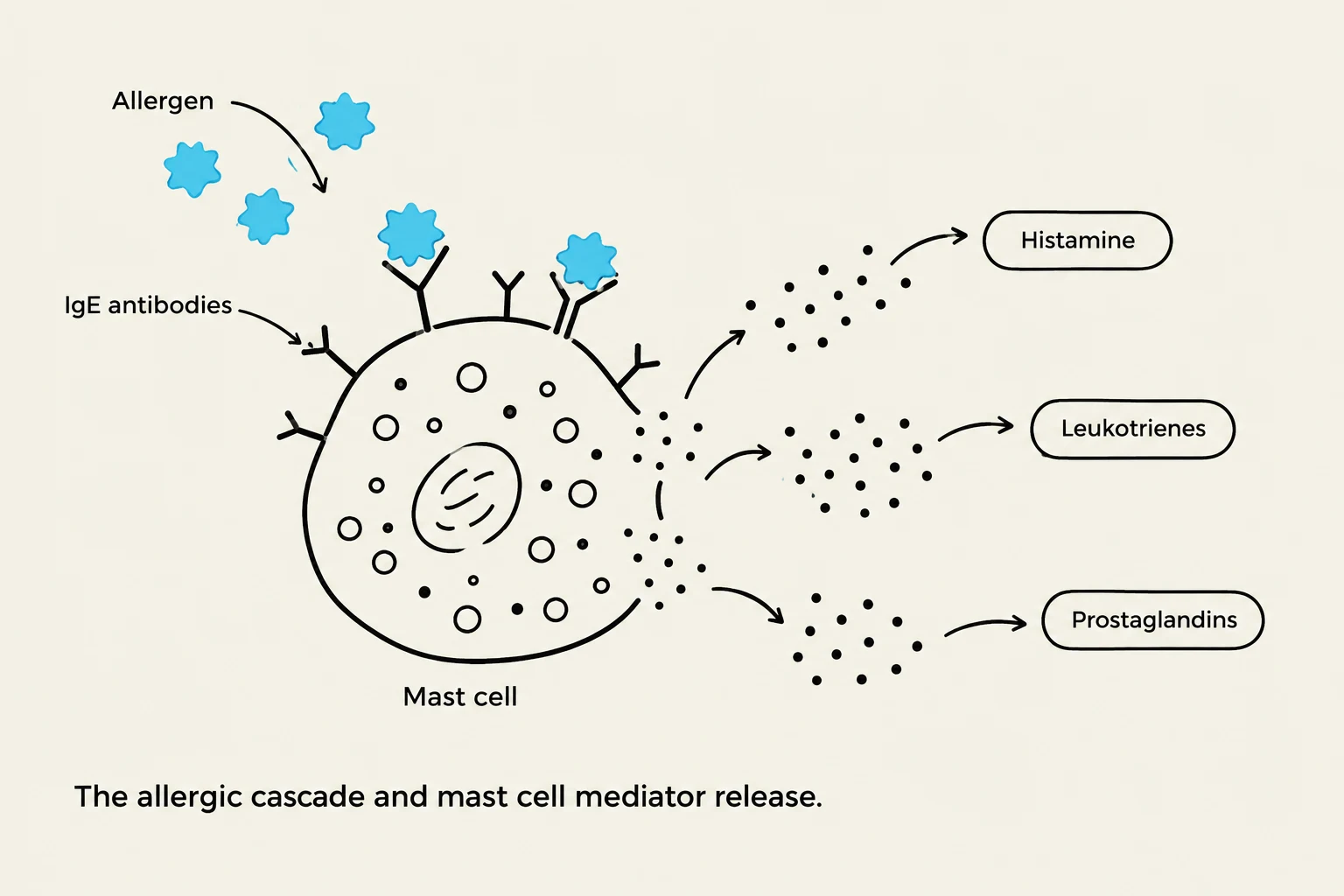Diagram illustrating the allergic cascade, showing allergens binding to IgE antibodies on a mast cell, leading to the release of mediators like histamine, leukotrienes, and prostaglandins.