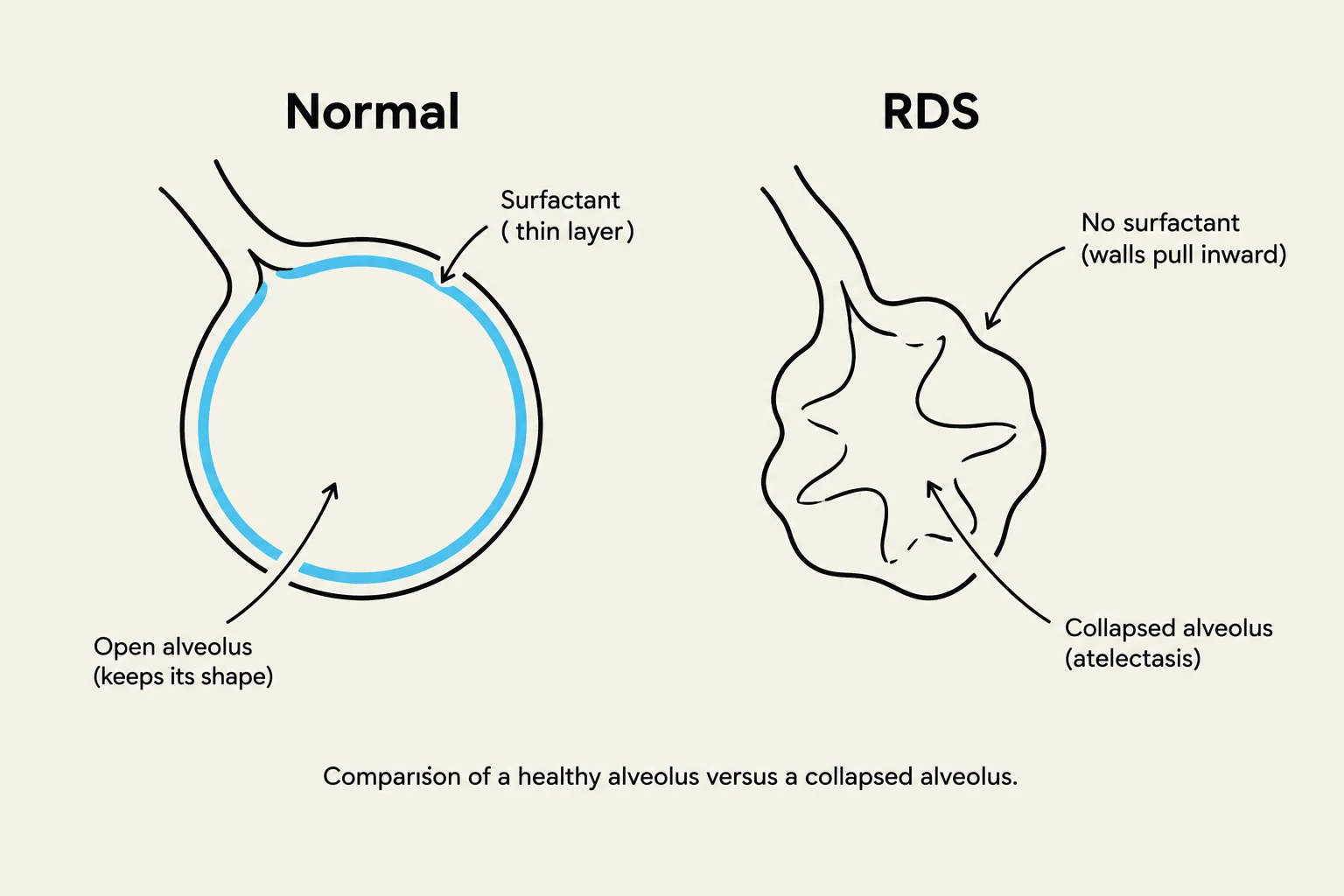 Comparison of a healthy alveolus versus a collapsed alveolus.