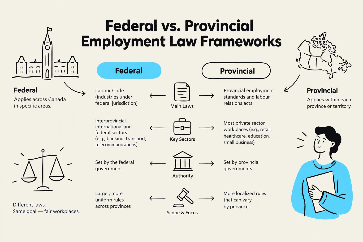 This diagram illustrates the differences between federal and provincial employment law frameworks in Canada, covering aspects like main laws, key sectors, authority, and scope.