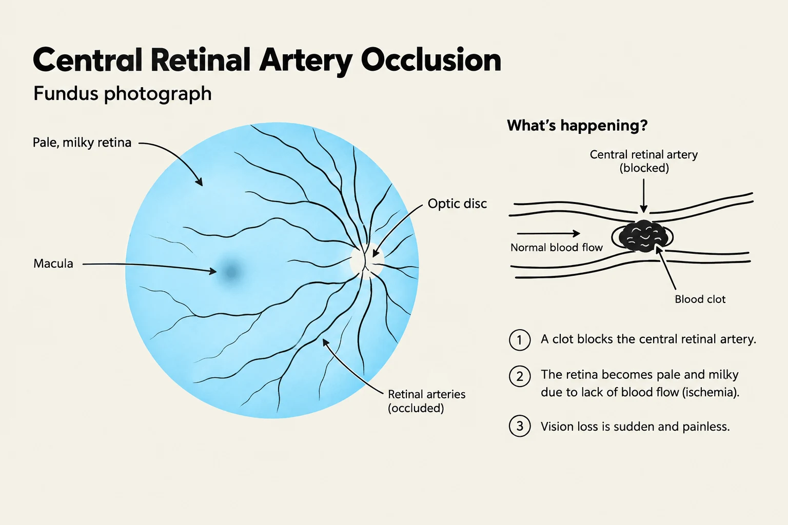 Diagram illustrating Central Retinal Artery Occlusion, showing a blocked artery, pale retina, and the resulting ischemia and vision loss.