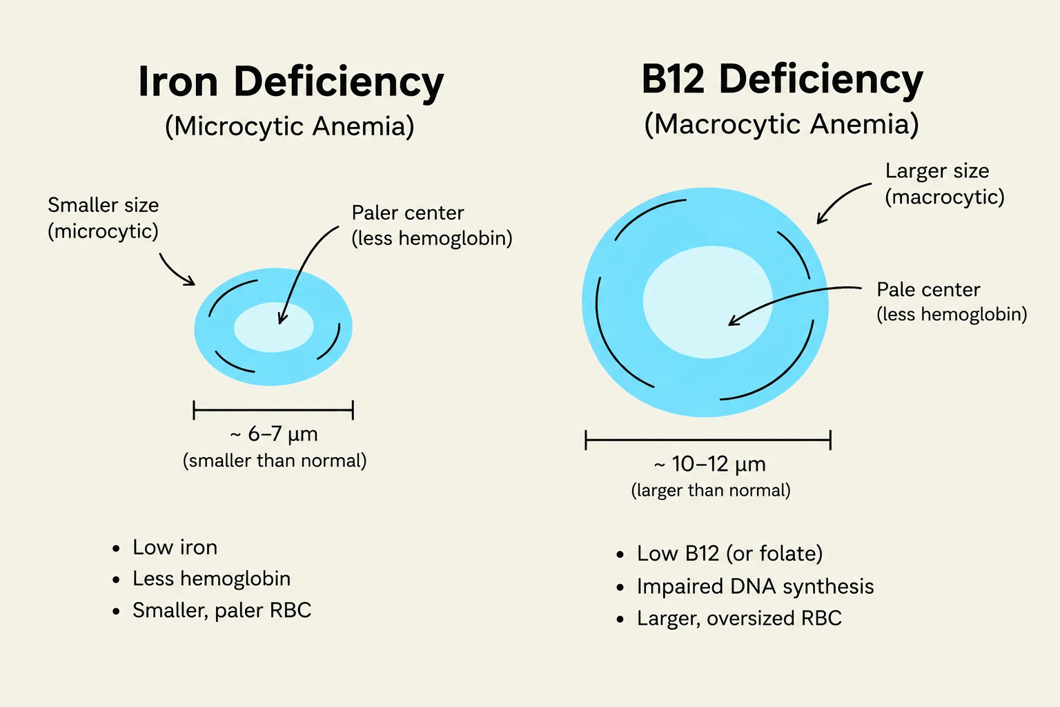 Comparison of red blood cells in iron deficiency (microcytic anemia) and B12 deficiency (macrocytic anemia), highlighting differences in size, color, and underlying causes.