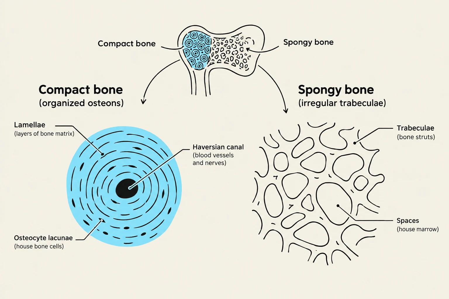Diagram illustrating the microscopic structure of compact and spongy bone, including osteons, lamellae, Haversian canals, trabeculae, and marrow spaces.