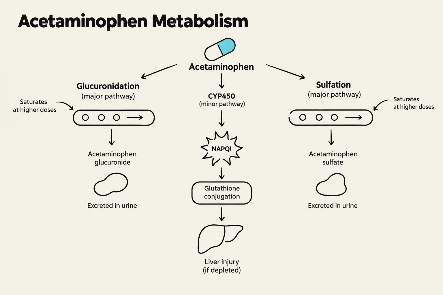 This diagram illustrates the metabolic pathways of acetaminophen in the body, including glucuronidation, sulfation, and CYP450 pathways, as well as the potential for liver injury.