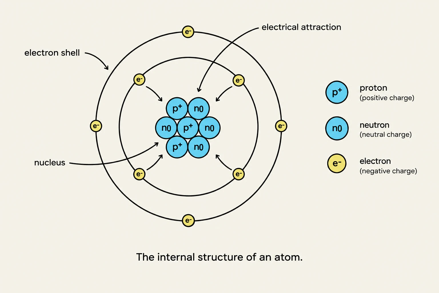 Diagram illustrating the internal structure of an atom, showing protons and neutrons in the nucleus and electrons in shells, along with labels for each component and their charges.