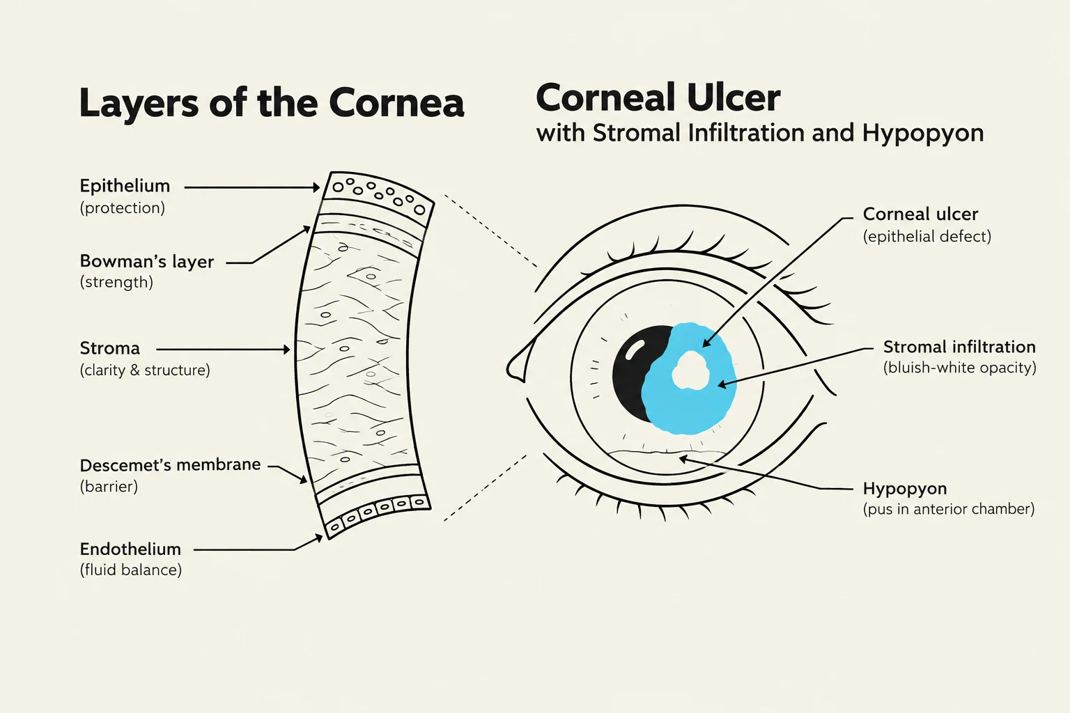 Diagram illustrating the layers of the cornea and the condition of a corneal ulcer with stromal infiltration and hypopyon.