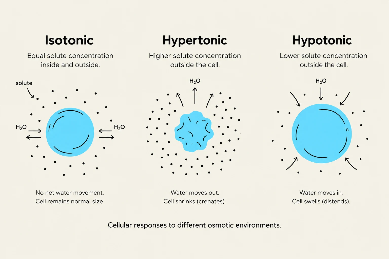 Diagram illustrating the effects of isotonic, hypertonic, and hypotonic environments on a cell, showing water movement and resulting cell size changes.