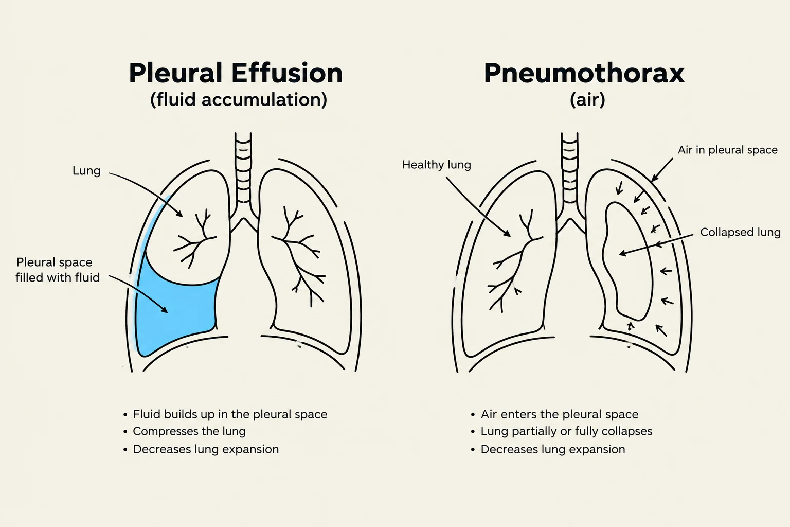 Diagrams illustrating Pleural Effusion and Pneumothorax, two conditions affecting the lungs.