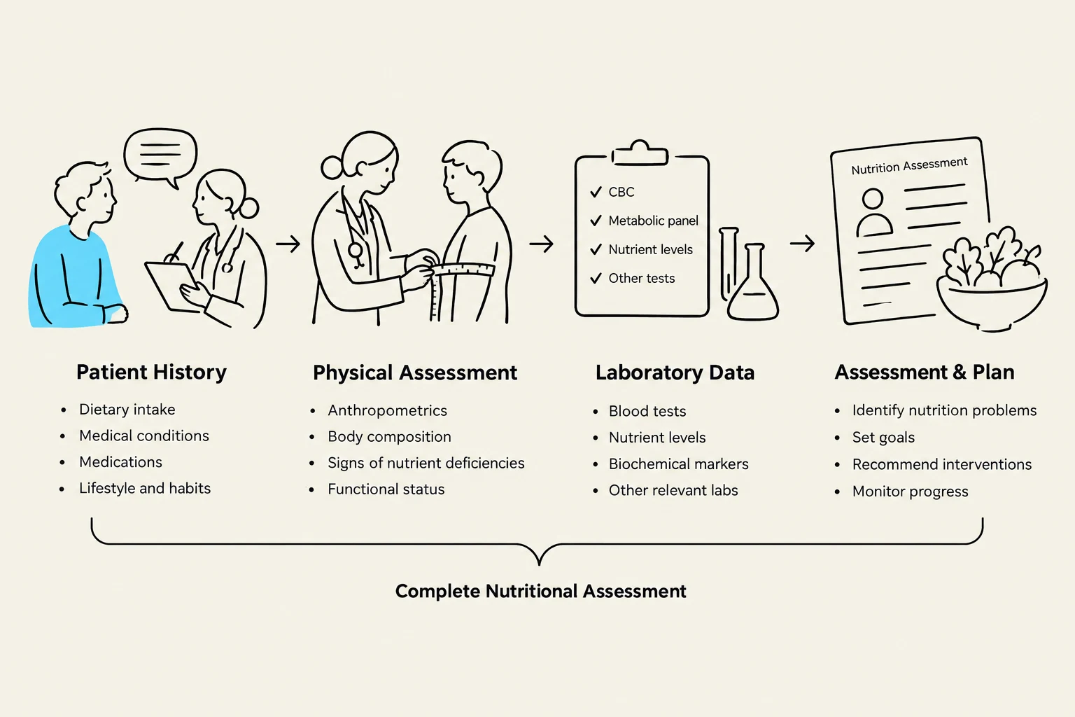 This diagram illustrates the key components of a complete nutritional assessment, including patient history, physical assessment, laboratory data, and the resulting assessment and plan.