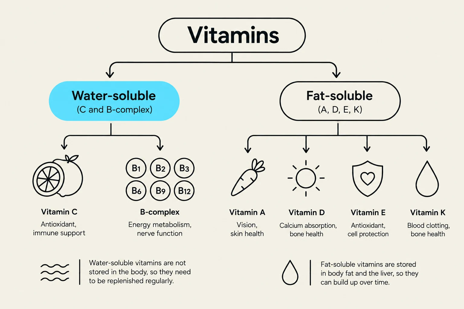 This diagram illustrates the classification of vitamins into water-soluble and fat-soluble categories, detailing their respective types and key functions.