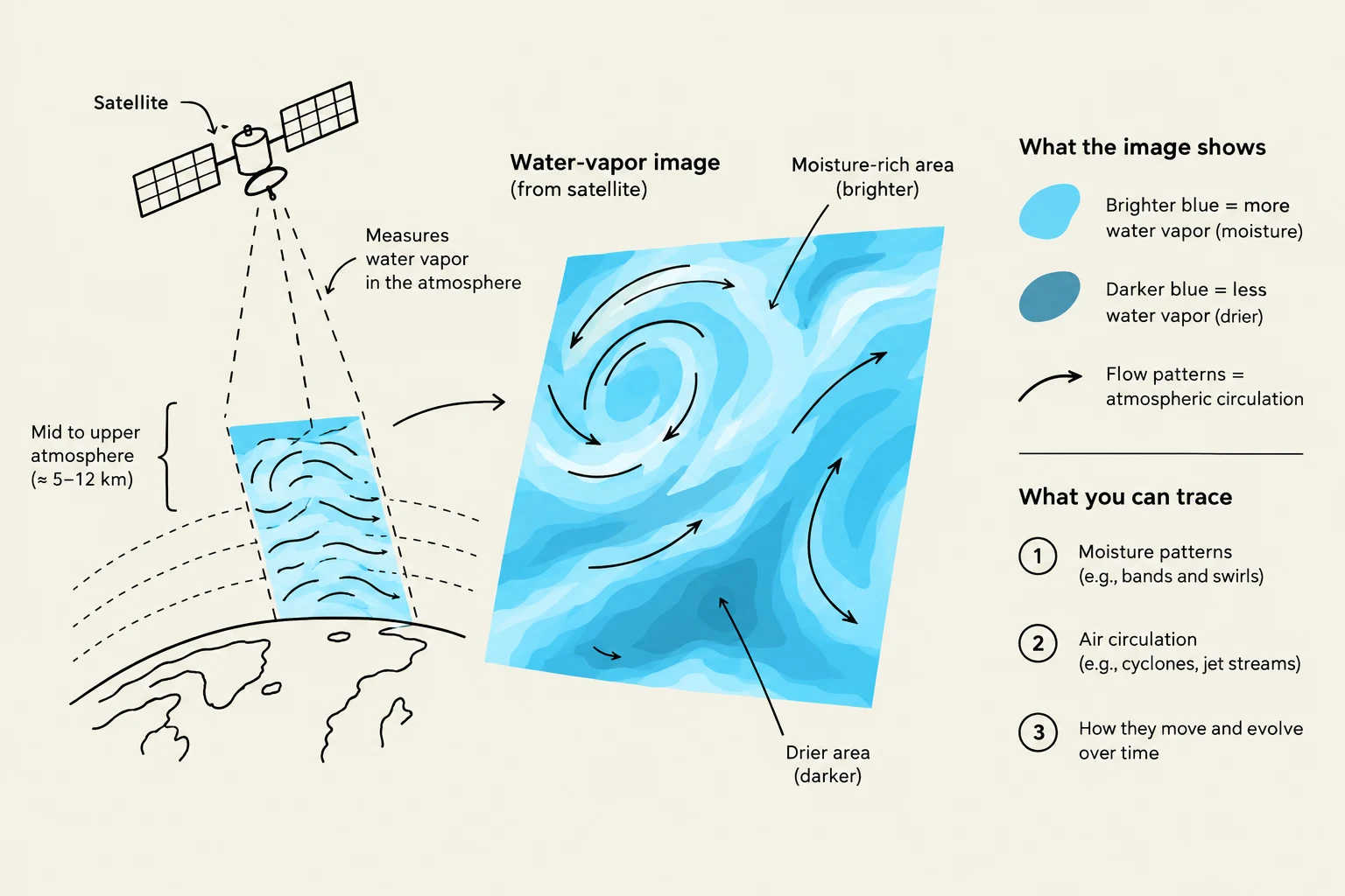 This diagram illustrates how a satellite captures water vapor images of the atmosphere, showing moisture patterns and air circulation.