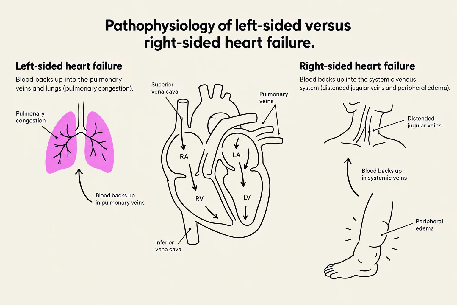 Diagram illustrating the pathophysiology of left-sided versus right-sided heart failure, showing blood backup in pulmonary veins and lungs for left-sided failure, and blood backup in systemic veins leading to distended jugular veins and peripheral edema for right-sided failure.