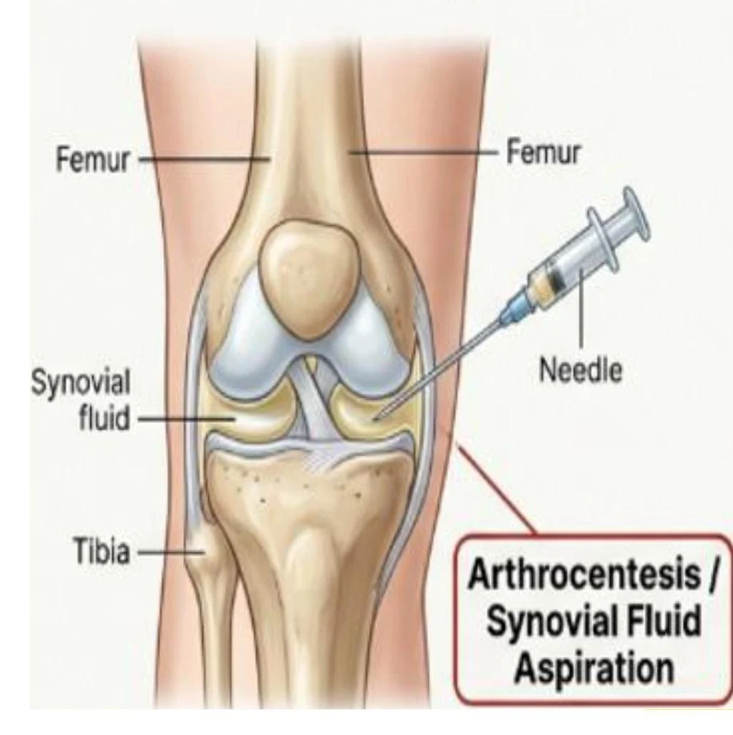 An illustration of a knee joint showing arthrocentesis, a procedure to aspirate synovial fluid using a needle.