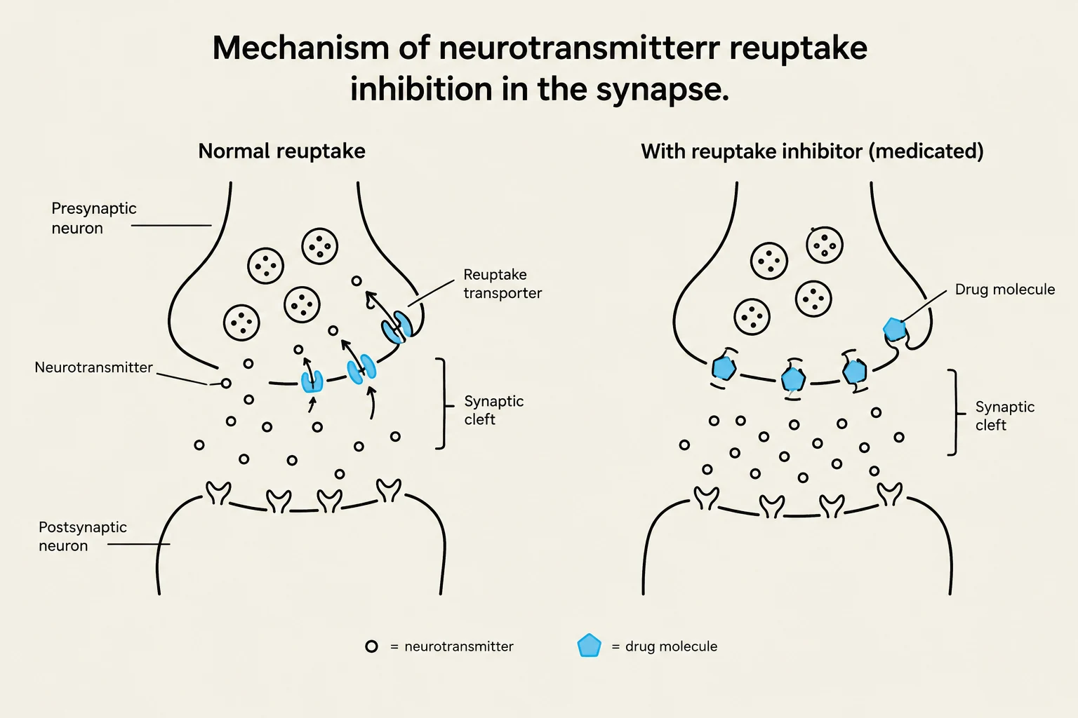 Diagram illustrating the mechanism of neurotransmitter reuptake inhibition in a synapse, comparing normal reuptake with reuptake inhibited by a drug molecule.