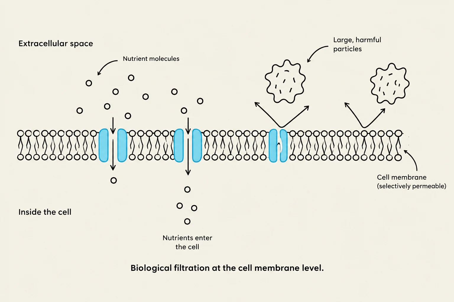 This diagram illustrates biological filtration at the cell membrane level, showing how nutrient molecules can enter the cell while large, harmful particles are blocked.