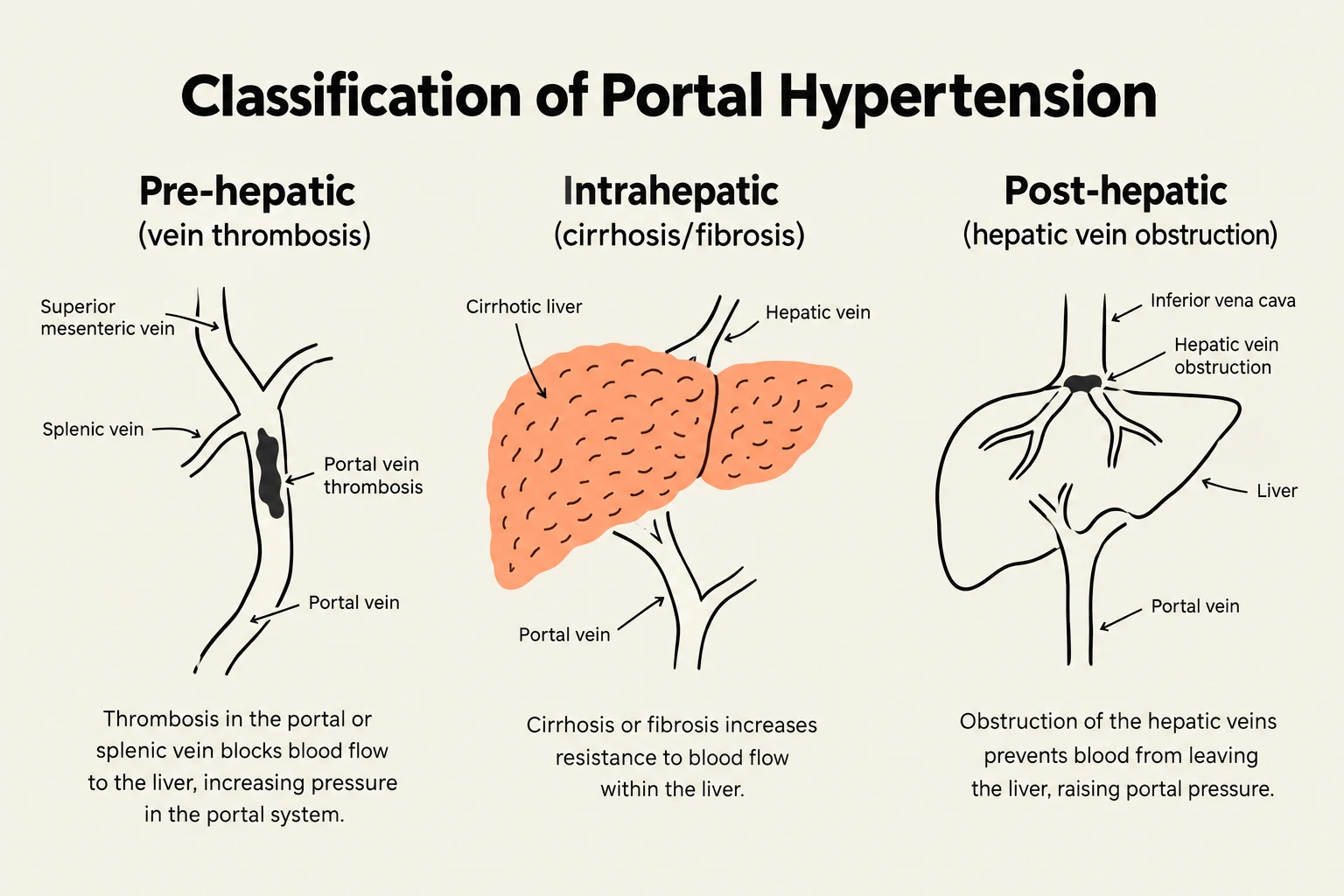 Classification of Portal Hypertension showing pre-hepatic, intrahepatic, and post-hepatic causes.
