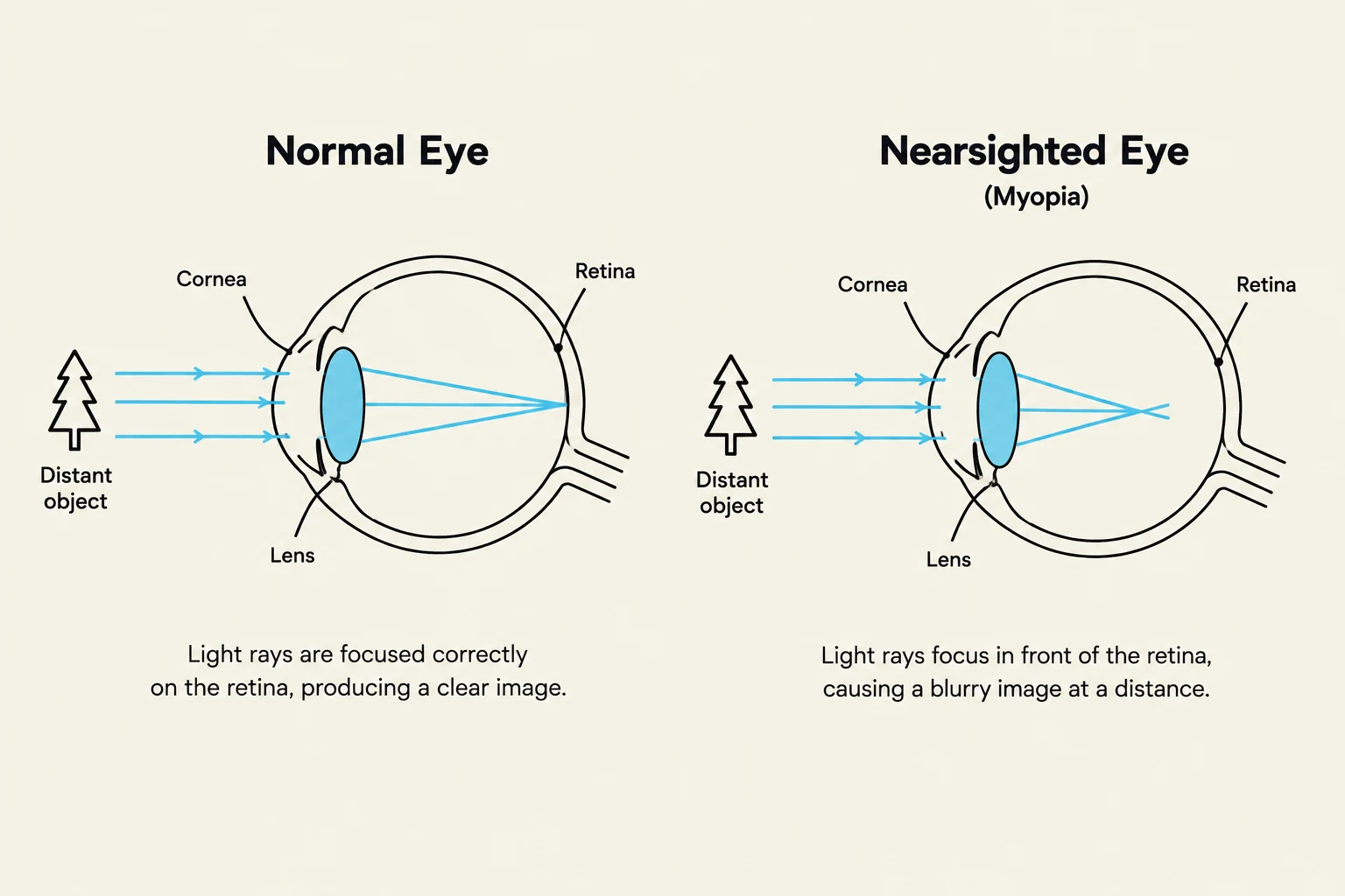 Diagrams illustrating how light rays focus in a normal eye versus a nearsighted eye (myopia).