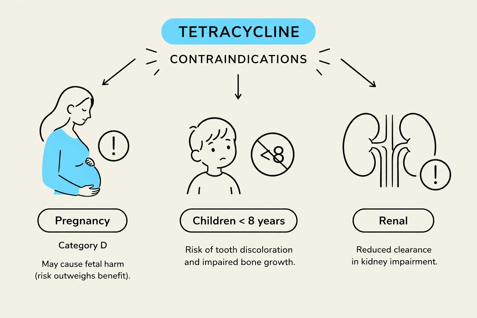 Tetracycline contraindications include pregnancy (Category D, potential fetal harm), children under 8 years (risk of tooth discoloration and impaired bone growth), and renal impairment (reduced clearance).