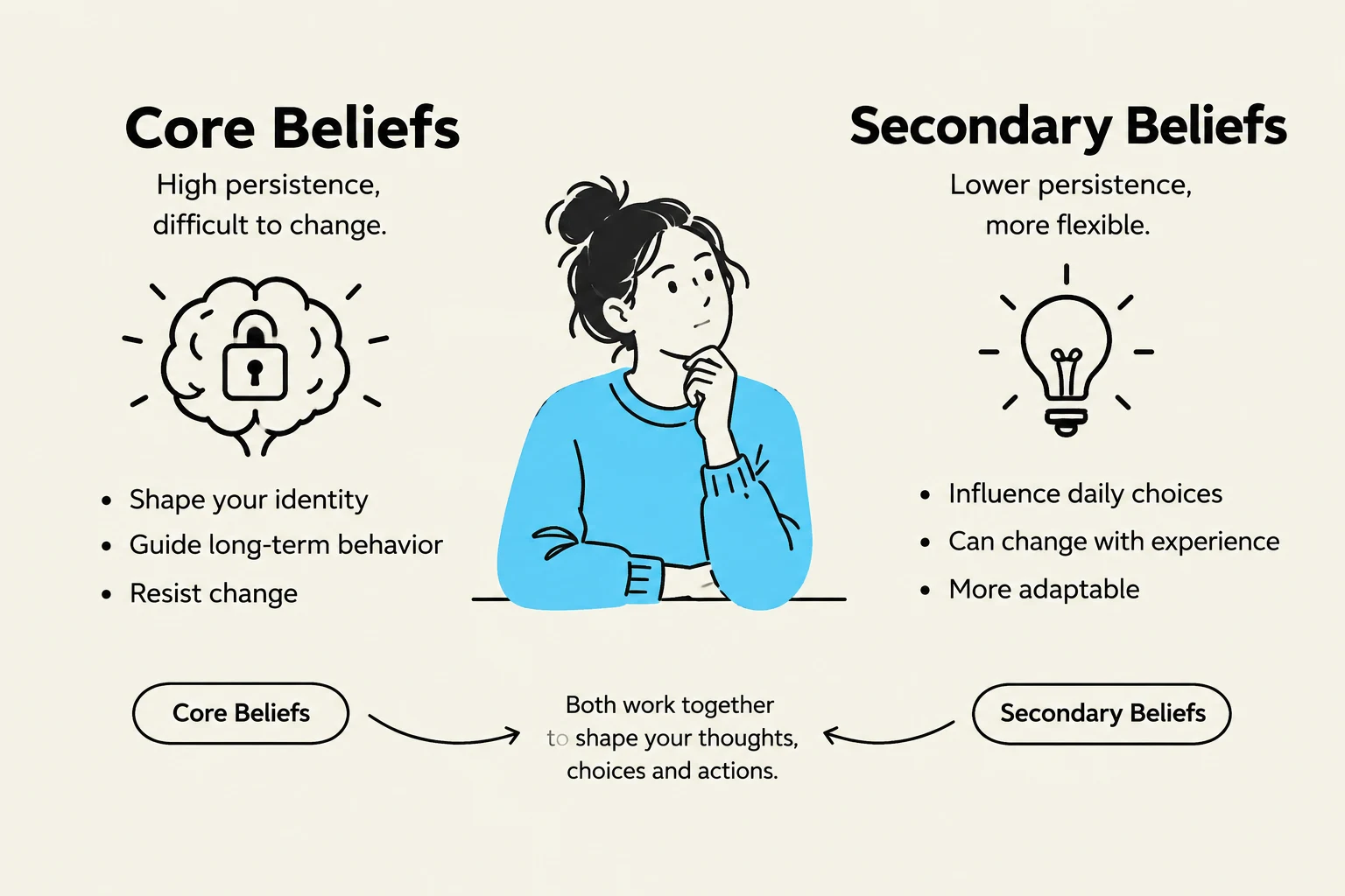 This illustration contrasts core beliefs, which are persistent and difficult to change, with secondary beliefs, which are more flexible and adaptable. Both types of beliefs work together to shape an individual's thoughts, choices, and actions.