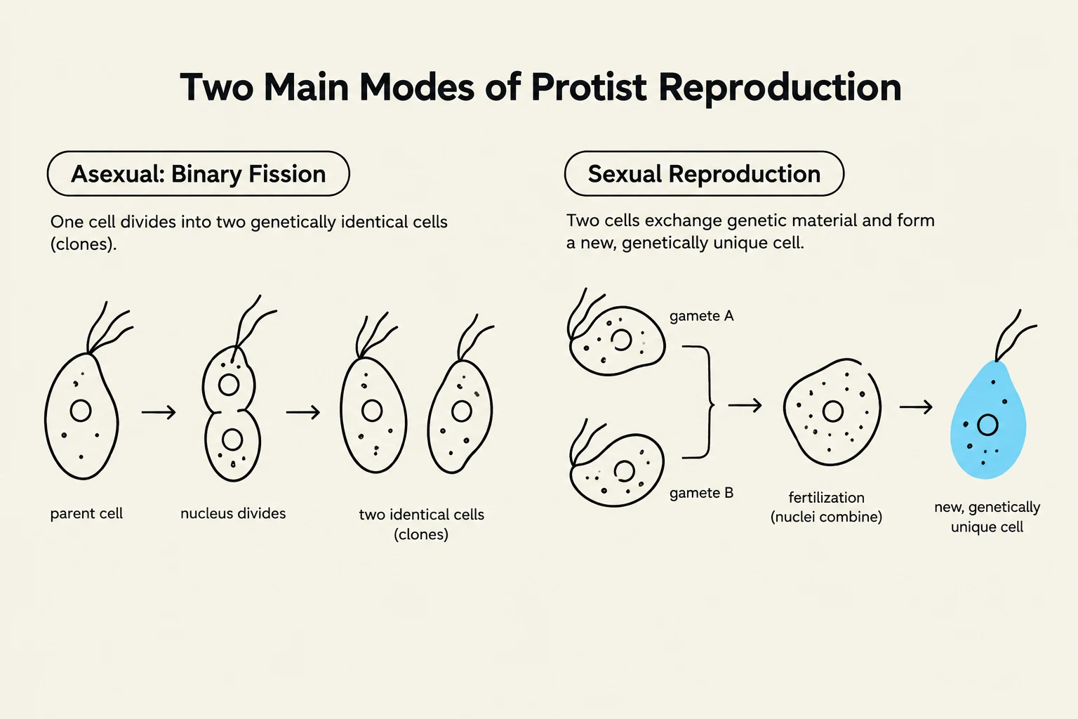 Diagram illustrating the two main modes of protist reproduction: asexual binary fission and sexual reproduction.