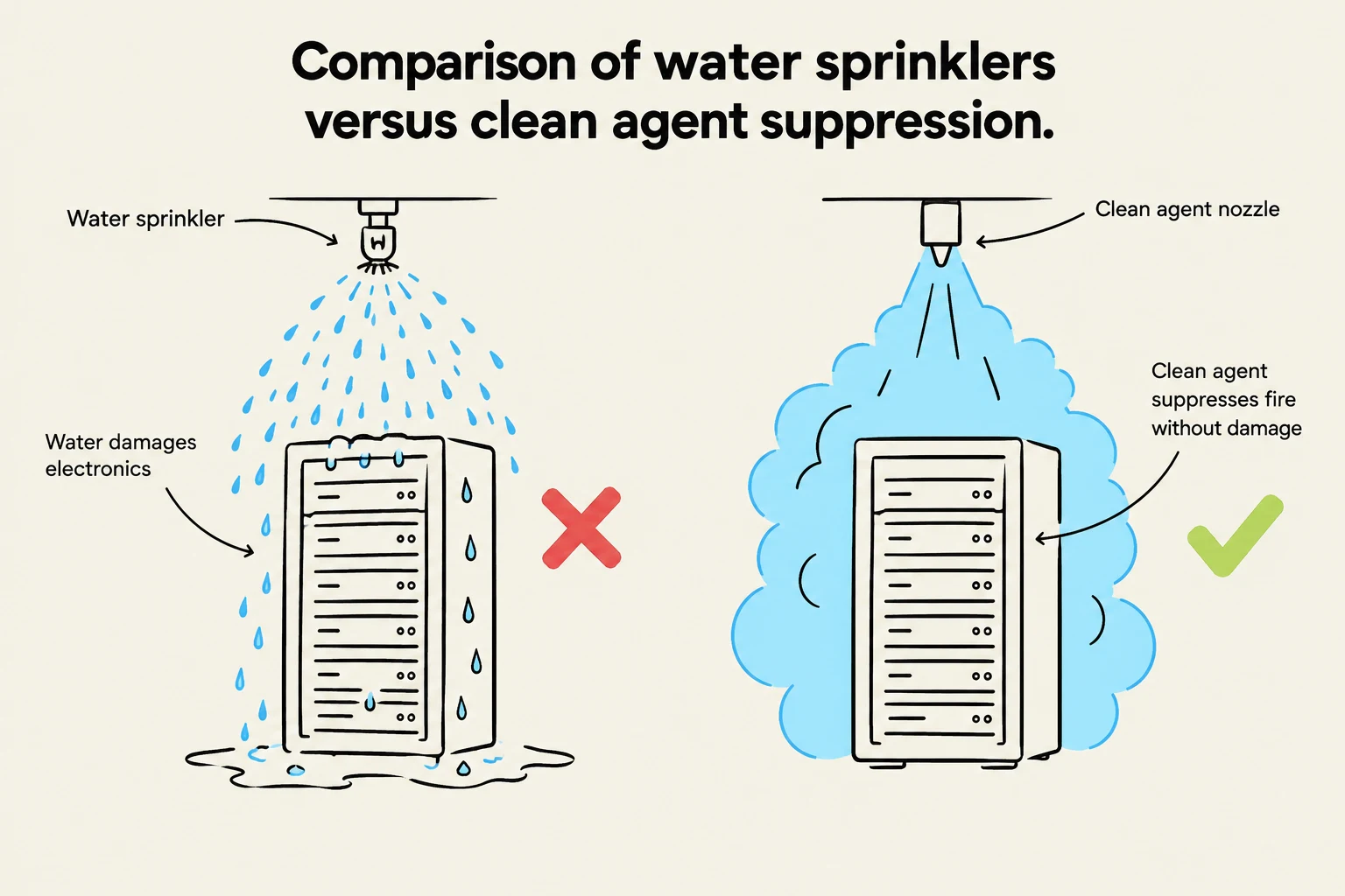 Comparison of water sprinklers versus clean agent suppression systems for electronics.