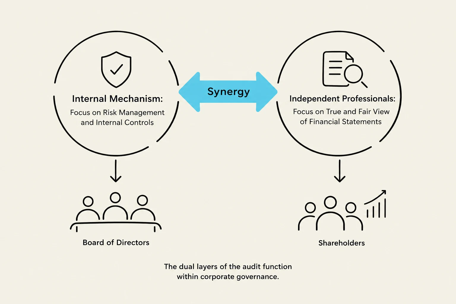 This diagram illustrates the dual layers of the audit function within corporate governance, highlighting the synergy between internal mechanisms and independent professionals.