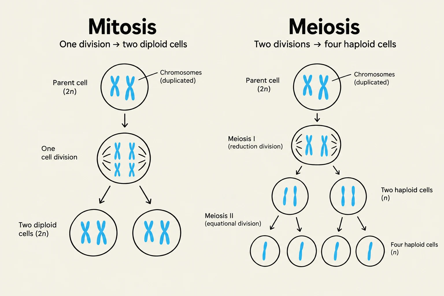 Diagram illustrating the processes of mitosis and meiosis, showing the division of cells and chromosomes.