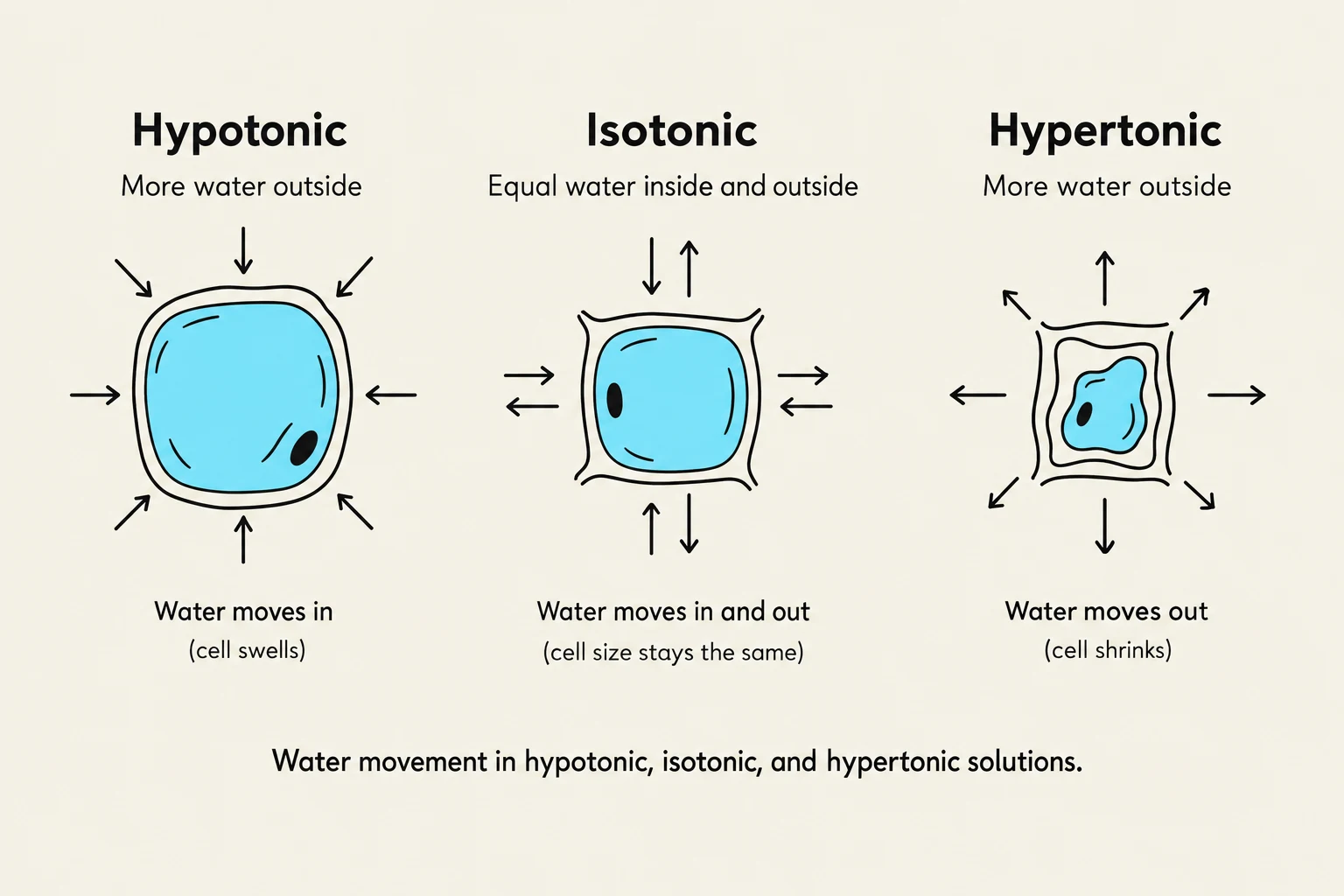 Diagram illustrating water movement in and out of a cell in hypotonic, isotonic, and hypertonic solutions.