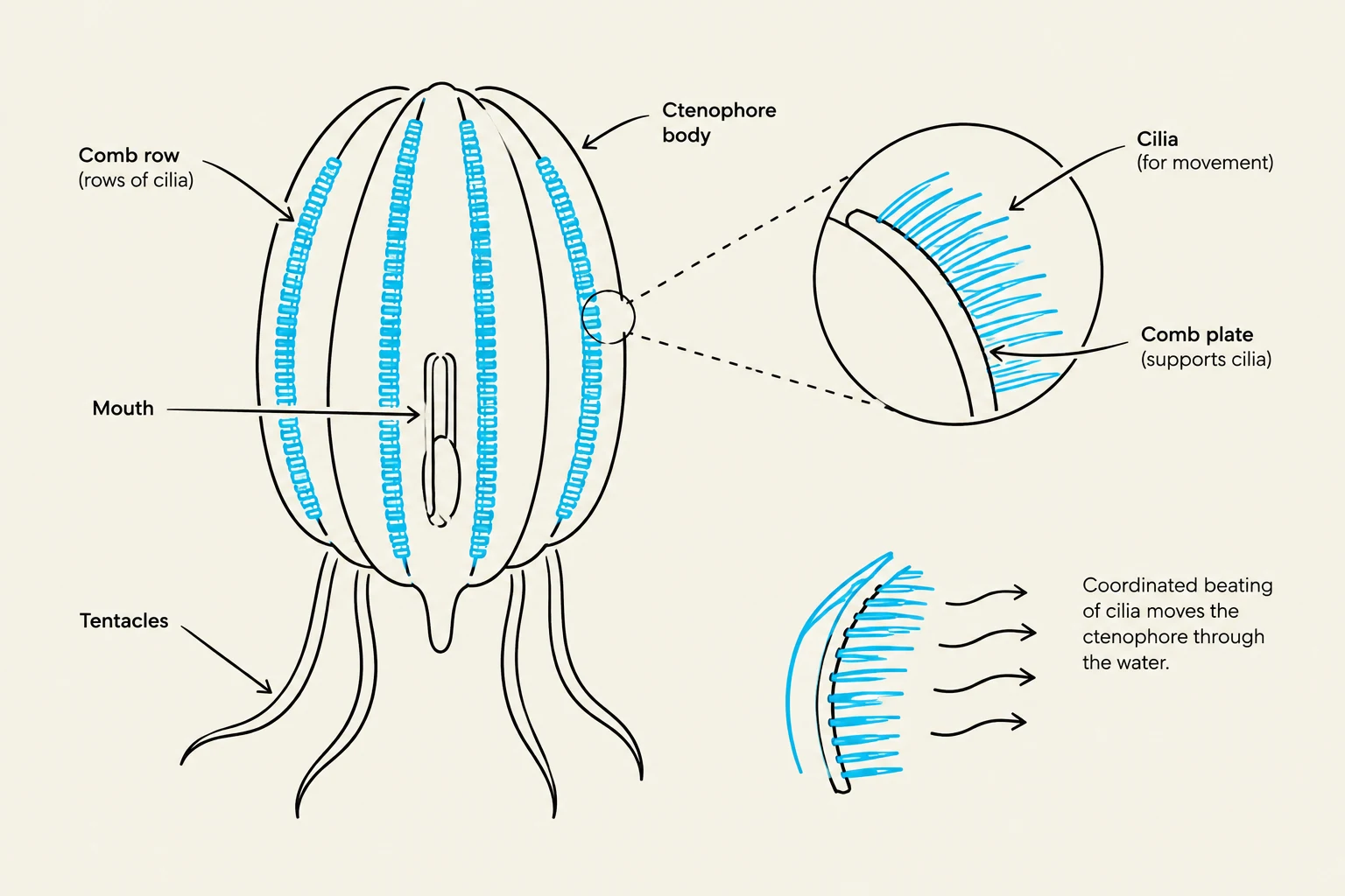 Diagram illustrating the anatomy and locomotion of a ctenophore, also known as a comb jelly, highlighting its comb rows, cilia, mouth, tentacles, and comb plates.