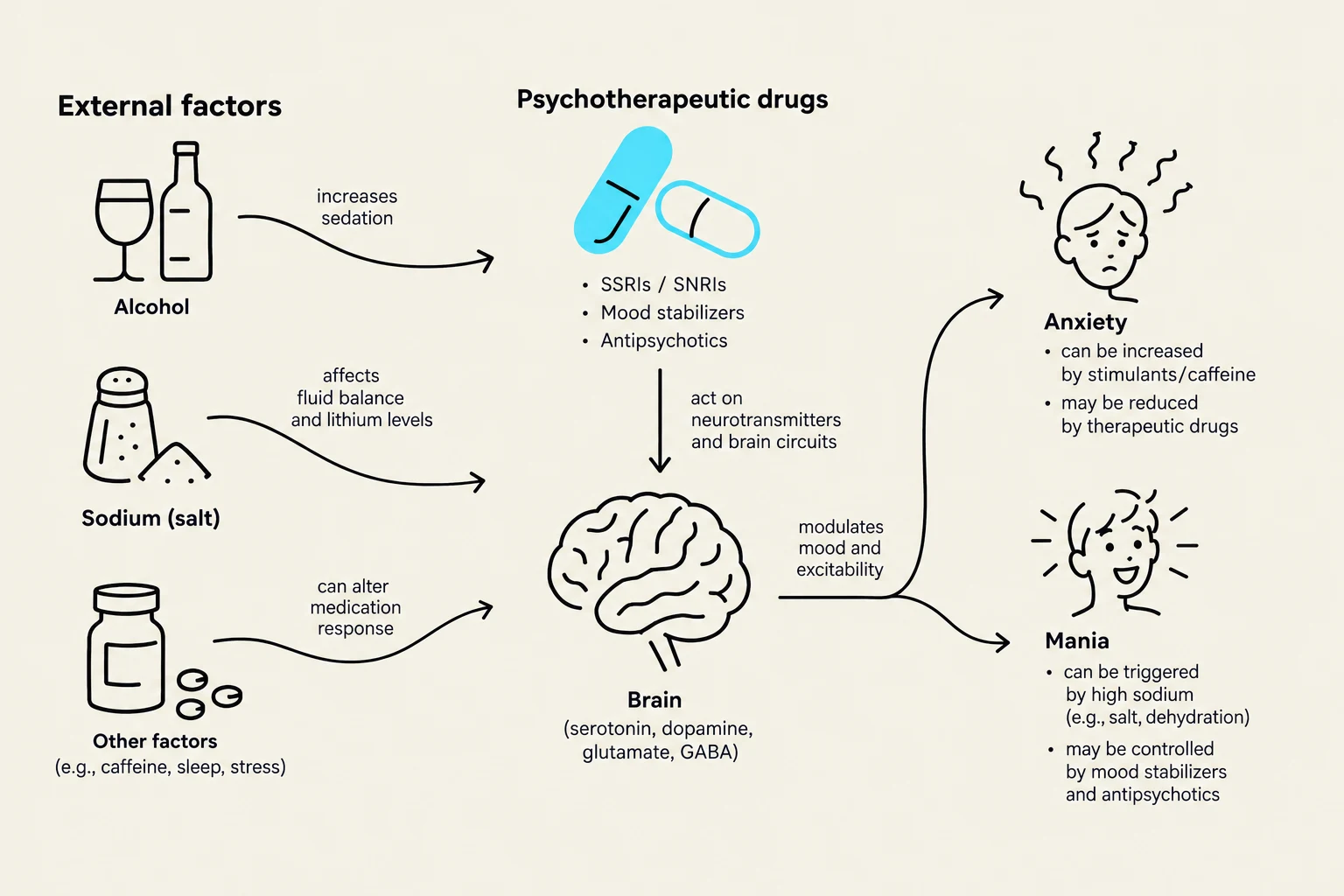 This diagram illustrates the interplay between external factors, psychotherapeutic drugs, and their effects on brain function, leading to conditions like anxiety and mania.