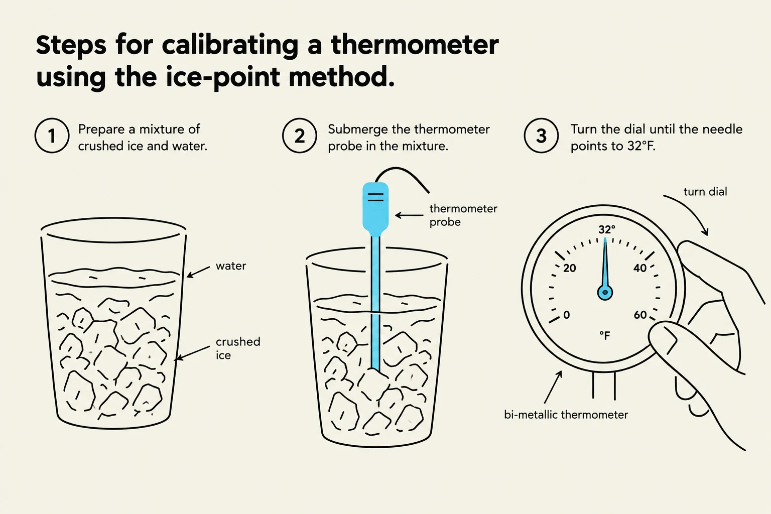 Steps for calibrating a thermometer using the ice-point method, which involves preparing an ice-water mixture, submerging the thermometer probe, and adjusting the dial to 32°F.