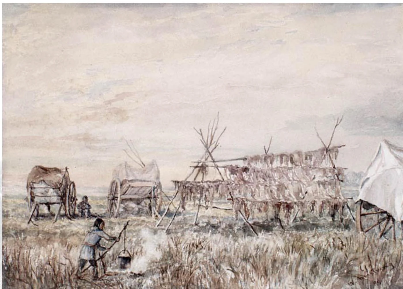 A historical depiction of a Native American encampment with drying racks for food, wagons, and a cooking fire.