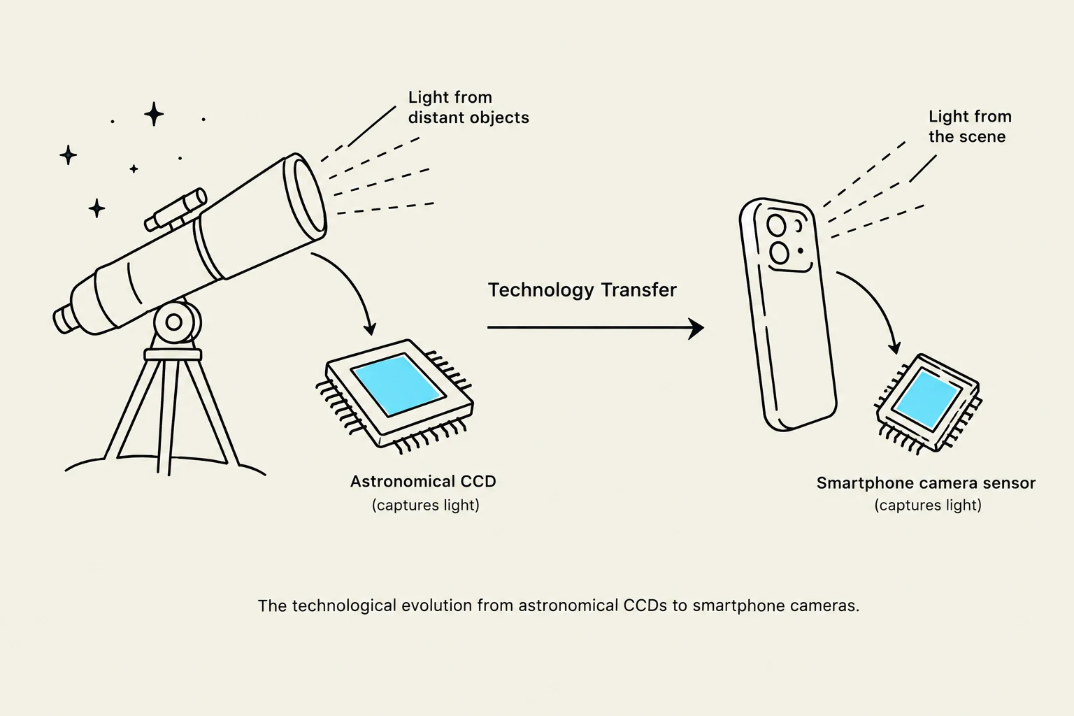 This diagram illustrates the technological transfer from astronomical CCDs used in telescopes to smartphone camera sensors, showing how light from distant objects and scenes is captured by these respective technologies.
