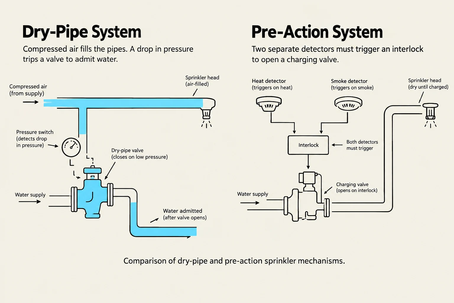 Comparison of dry-pipe and pre-action sprinkler mechanisms.