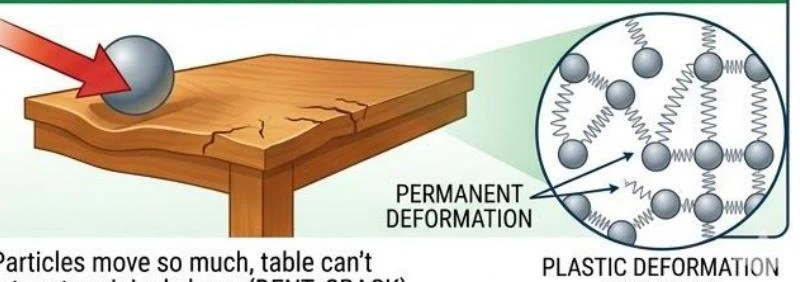 Illustration showing plastic deformation of a table due to excessive force, with a magnified view of particles and springs representing the material's structure.