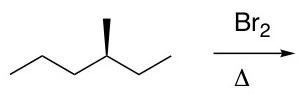 A chemical reaction showing the bromination of 3-methylhexane with heat.